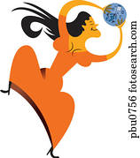 A woman holding a circle filled with a euro currency symbol, a wrench, gears, and a document