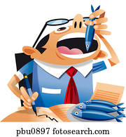 A man doing paperwork while eating fish