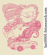 A pair of lips, shaking hands, a diamond ring, a woman's head and a car