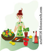 A woman cooking with fresh herbs in the kitchen