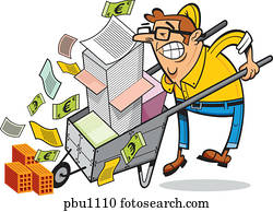 A man with a wheelbarrow full of documents and money