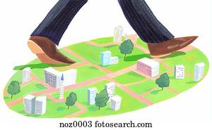 A giant man walking through a city A giant man walking through a city