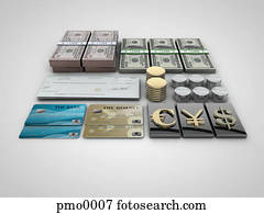 A pile of money, checks, credit cards, and coins,