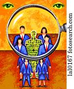 Looking through a magnifying glass at a group of business people Looking through a magnifying glass at a group of business people