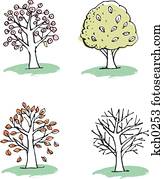 quatro, árvores, representando, a, estações