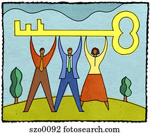 drei leute, halten aufwärts, a, groß, schlüssel