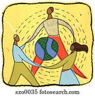 people holding hands around a globe