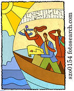 three people navigating in a boat