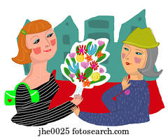 woman giving a senior a bouquet of flowers woman giving a senior a bouquet of flowers