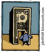 man walking through a dollar bill