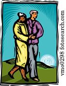 man walking with senior woman man walking with senior woman