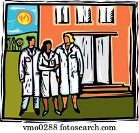 three doctors in front of a hospital