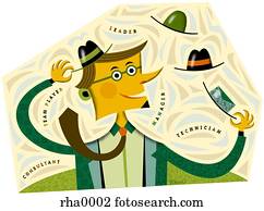 homem negócios, tentar, chapéus diferentes