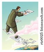 businessman signing documents in the clouds