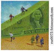 business people climbing up on a dollar bill