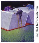 homens negócios, olhar, gigante, livro