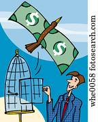 bird with wings made of money flying out of a cage