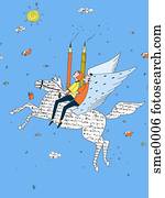 dois, autores, montando, um, cavalo alado, feito, de, palavras