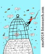 escritor, voando, saída, de, um, gaiola