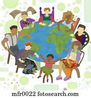 pessoas, ao redor, um, tabela