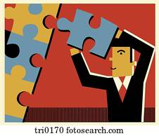 um, homem negócios, montar, um, quebra-cabeça