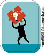 Man holding a puzzle piece with a light bulb on it