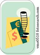 World currency and stack of coins