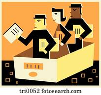 Three people in a file drawer holding documents