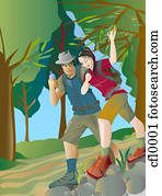 An illustration of a couple hiking together An illustration of a couple hiking together