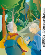 ein, abbildung, von, zwei, ältere, wandern, gemeinsam