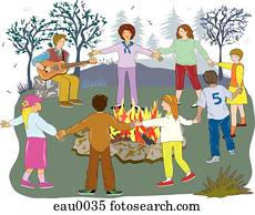 ei, gruppe av venner, holdee hender, i nærheten, ei, campfire