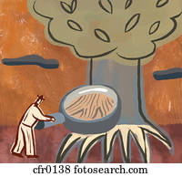 An illustration of a man studying the roots of a tree