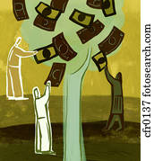 An illustration of people picking money from a tree