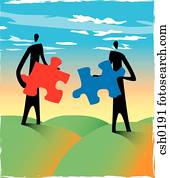 Two men holding puzzle pieces that can be fitted together Two men holding puzzle pieces that can be fitted together