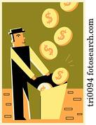 A man catching money in a bucket