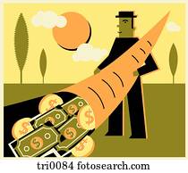 A man holding a cornucopia of cash