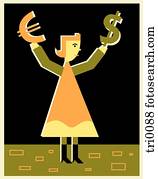 A woman holding euro and dollar signs in her hands