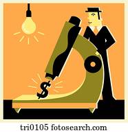 Man looking at money through a microscope