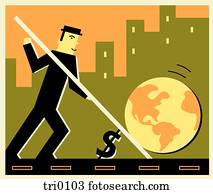 Man proping up the world with a dollar sign, global economy