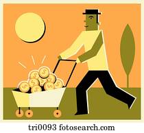 Man pushing a cart full of money