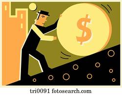 Man rolling a giant coin up a hill