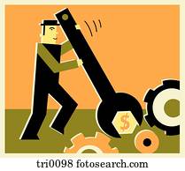 Man turning gears with money symbols on them