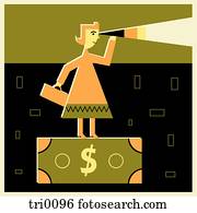 Woman on a dollar bill looking through a telescope