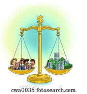 A business scale weighing between people and money