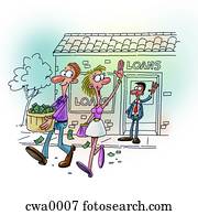 A couple getting a bank loan leaving the bank with a basket of money