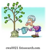 An old woman watering money plant that is growing from a bank