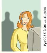 a, frau, arbeitende, in, a, callcenter