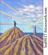 A businessman standing on a peak and looking into the distance, with a lighthouse on another peak