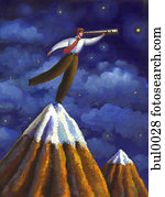 A man on a mountain top looking through his telescope