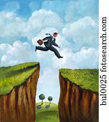 A picture of a businessman running across two cliffs
